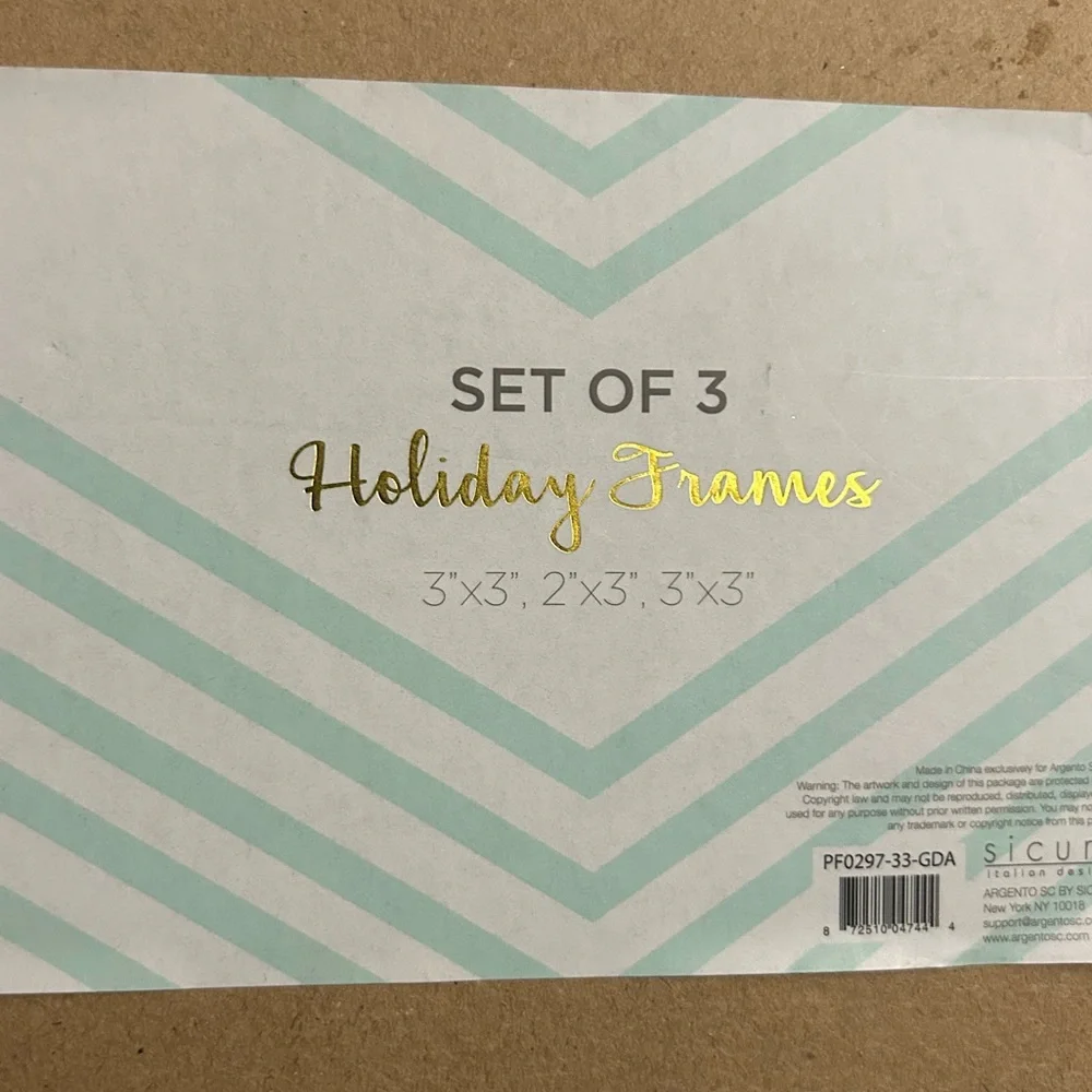 Set of 3 Gold Holiday Picture Frames – 3x3, 2x3, 3x3 – New in Box